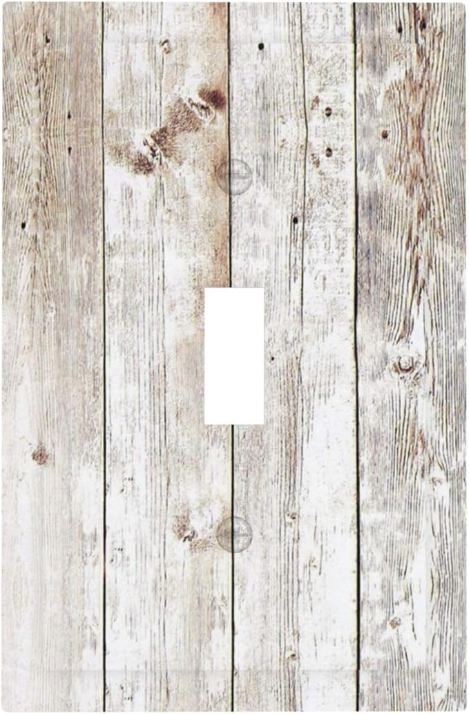 Vintage Light Wood Retro Rustic White Gray Oak Print Decorative Light Switch Cover 1 Gang Single Toggle Device Electrical Faceplate Switchplates Decorator Outlet Wall Plate for Farmhouse Home Decor