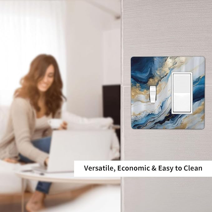 Abstract Blue Granite Luxury Watercolor Marble Texture Print 2 Gang Single Toggle Rocker Combination Light Switch Cover Unique Decorative Wall Plate Cover Electrical Faceplate Switchplate for Bedroom