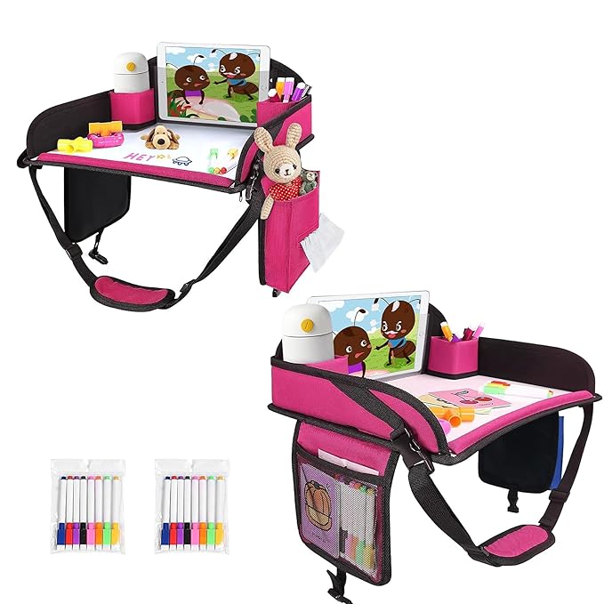 2Pcs ‎Kids Travel Tray, Kids Travel Trays for Car Seat, Road Trip Essentials for Toddler, Carseat Lap Tray with Dry Erase Board & Storage Organizer for Road Trip Activities for Kid, Pink