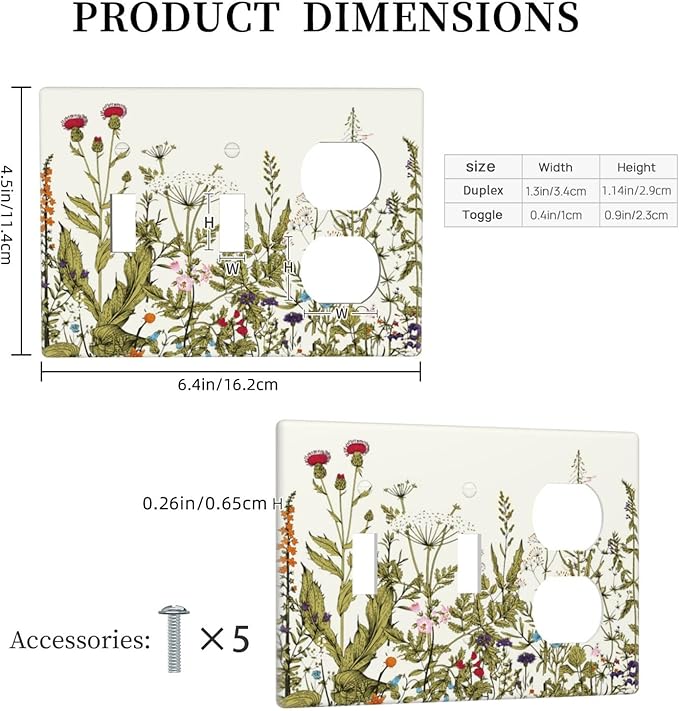 Country Vintage Rustic Flowers Floral 3 Gang 2 Toggle 1 Rocker/GFCI/Decorator Combination Outlet Light Switch Cover Beige Yellow Blossom Nature Wildflower Style Decorative Combo Switch Face Wall Plate