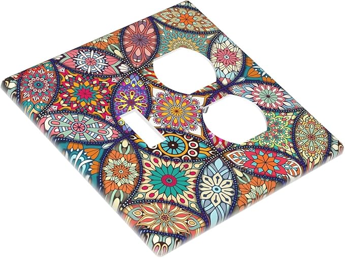 Boho Floral Pretty Colorful Mandala Flowers Wallplates 1 Toggle 1 Duplex Switch Plate Electrical GFCI Faceplate Decorative Light Switch Covers for Bedroom Living Room Decor