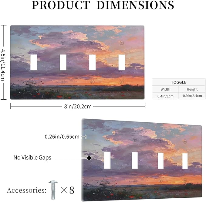 Abstract Sunset Dusk Natural Scenery Wild Flowers Light Switch Covers Quad Toggle Electrical Faceplate 4 Gang Wall Plate Decorative Switch Plates Cover for Farmhouse Bedroom Decor