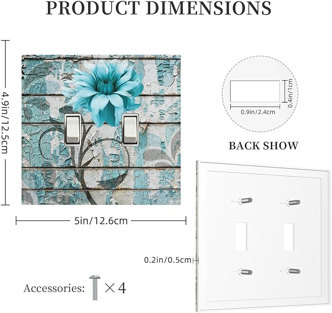 Vintage Floral Double Toggle Switch Cover - 2-Gang Standard US Size Rustic Farmhouse Teal Flower Distressed Brick Light Switch Covers for Bedroom Bathroom Decor