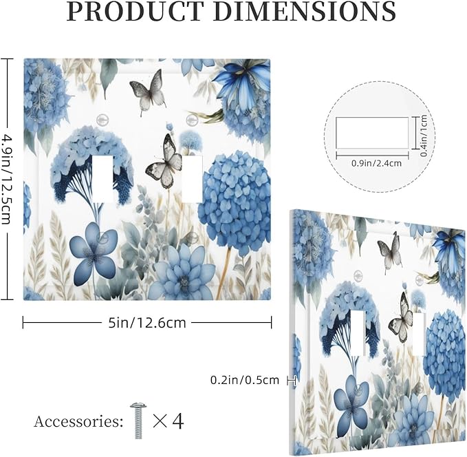 Blue Floral Hydrangea Floral Butterfly Flower Plant Decorative Switch Plates 2 Gang Double Toggle Outlet Light Switch Cover Wall Plate Electrical Faceplate for Bedroom Living Room Decor