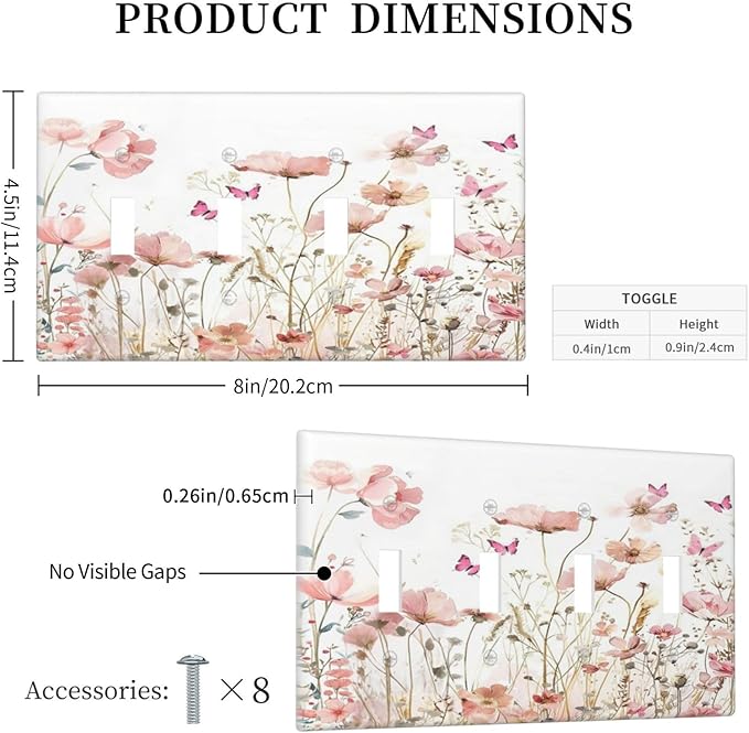 Boho Floral Watercolor Pink Wildflower Butterfly Light Switch Covers Quad Toggle Electrical Faceplate 4 Gang Wall Plate Decorative Switch Plates for Bedroom Living Room Decor