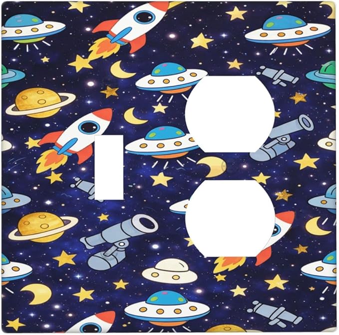 Decorative Outlet Covers Blue Space-themed Rocket Spaceship 2 Gang Light Switch Cover Plate Single Toggle Duplex Wall Plates for Electrical Switch Plate Covers for Children's Room Decor