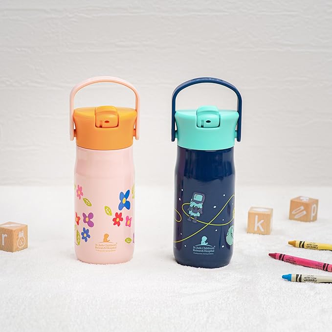 Zak Designs Harmony Kid Water Bottle Benefiting St. Jude, For Travel or At Home, 14oz Stainless Steel is Leak-Proof When Closed and Vacuum Insulated (Space)