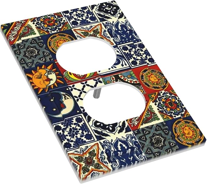 Kitchen Blue/Red Boho Mexican Talavera Tile 1 Gang Duplex Wall Plate Receptacle Outlet Covers Bohemian Moroccan Mosaic Tiles Decorative Electrical Dual Device Light Switch Plug Socket Faceplate Cover