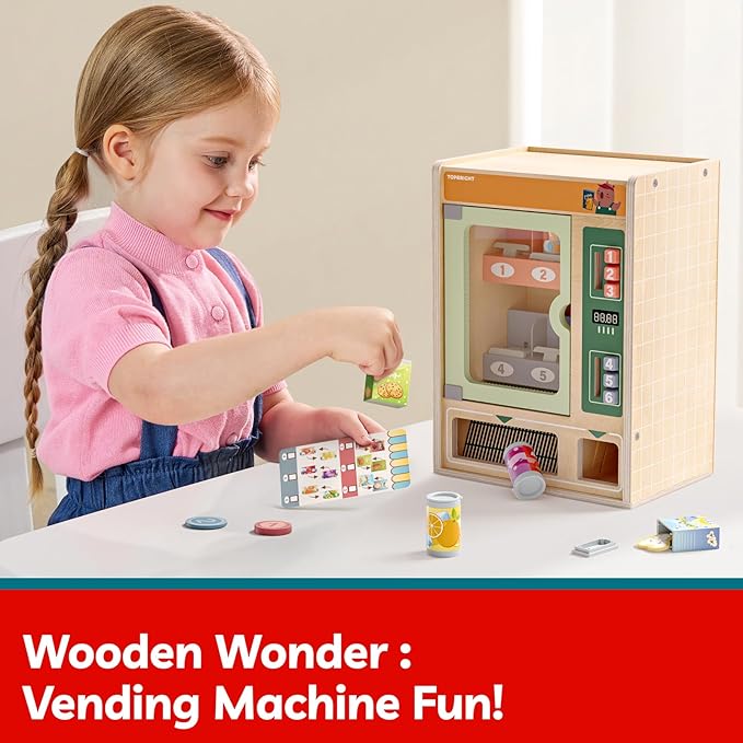 TOP BRIGHT Wooden Vending Machine Play Set, Play Food for Kids，Pretend Play Toys with Wooden Snack Bars and Drink Cans, Montessori Toys for Boys Girls Capybara Gift Age 3+ (Vending Machine)
