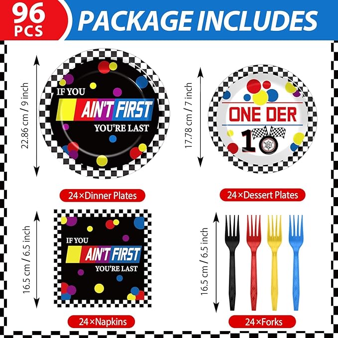 96 Pcs Race Car 1st Birthday Party Plates and Napkins Racing Cars First Birthday Decor Race Car One Year Old Dessert Cake Plates Racing Cars Theme Tableware Set for Kids Boy Party Decor 24 Guests