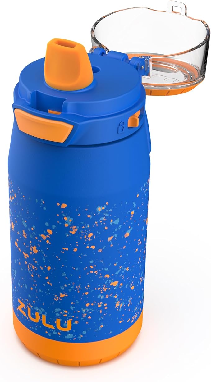 ZULU Kids Flex 12oz Stainless Steel Insulated Water Bottle, Toddler Cup with Silicone Spout, Leak-Proof Locking Flip Lid and Carry Loop for School Backpack, Lunchbox, and Outdoor Sports, Blue