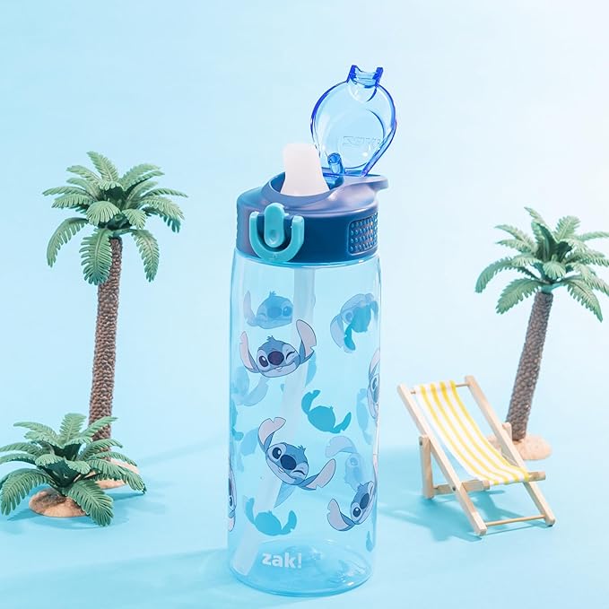 Zak Designs Disney Sage Water Bottle For School or Travel, 25oz Durable Plastic Water Bottle With Straw, Handle, and Leak-Proof, Pop-Up Spout Cover (Stitch)