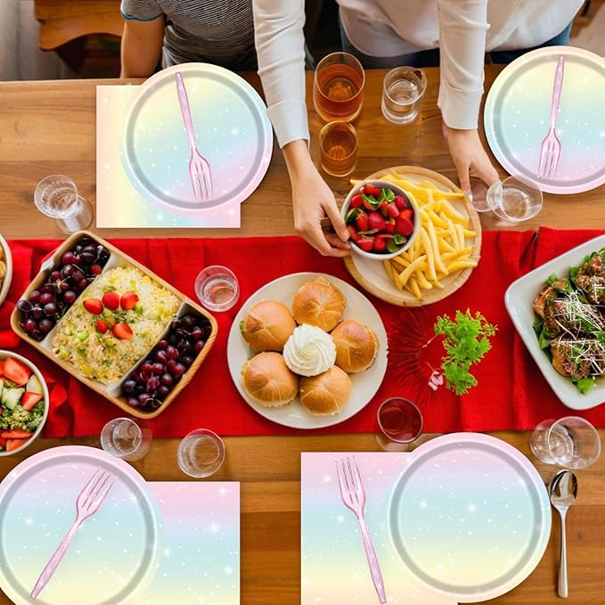 72 Pcs Pastel Rainbow Paper Plates 7in Disposable Birthday Dessert Plates Napkins and Forks Party Tableware Set Decoration Supplies for Girls Birthday Baby Shower Wedding Graduation Party, Serve 24