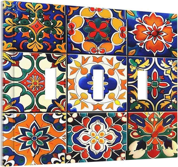 Decorative Switch Plates Colorful Mexican Talavera Vintage Boho Floral 3 Gang Wall Plate Triple Toggle Light Switch Cover Faceplate Electrical Wall Panels For Farmhouse Cabin Decor