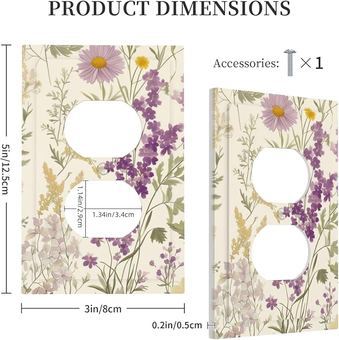 Watercolor Floral Leaves 1 Gang Electrical Duplex Outlet Covers Small Purple Flowers Daisies Light Switch Cover Receptacle Wall Plate Decorative Faceplate for Country Bedroom Living Room Decor