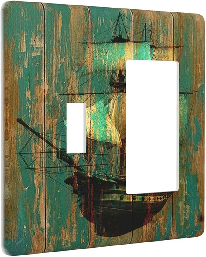 Outlet Covers Rustic Green Wood Grain Sailboat 1 Toggle 1 Rocker Combination Decorative Wall Plate Light Switch Cover Plate Electrical Switch Plates for Farmhouse Bedroom Decor
