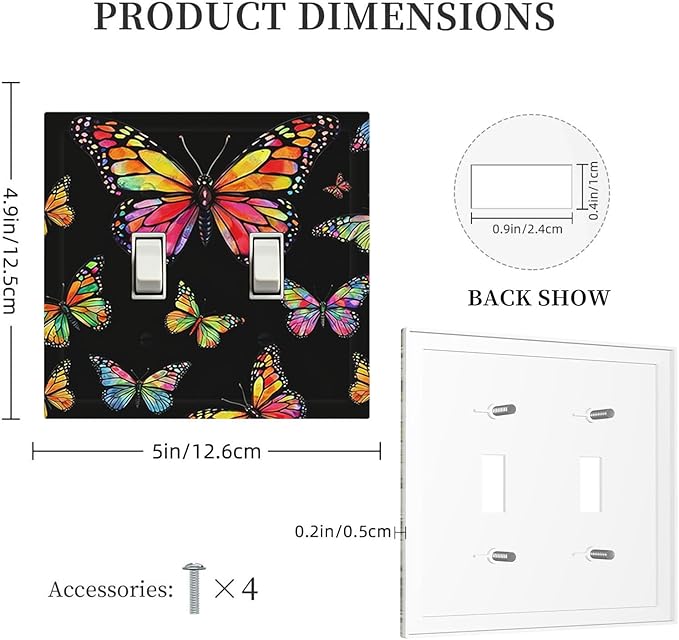 Vibrant Rainbow Butterflies on Black Double Toggle Switch Cover - 2-Gang Standard US Size Enchanted Garden Butterfly Light Switch Covers for Bedroom Decor
