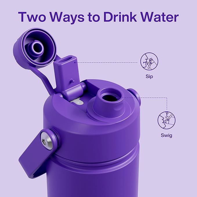 Kids Insulated Water Bottle with Straw - 12oz Stainless Steel Water Bottle with Dual Spouts, Leak-Proof, BPA-Free, Double Wall Vacuum Keeps Cold for 24 Hours for Sports, Travel, School (Violet)