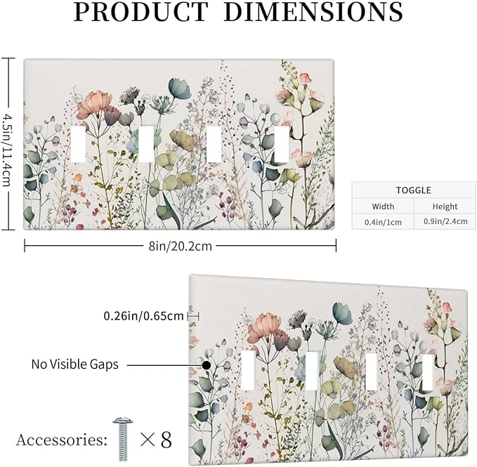 Beige Wild Flower Floral Blossom Decorative 4 Gang Quad Toggle Light Switch Cover Electric Large Size Quadruple Faceplate Decorative Switch Face Wallplate