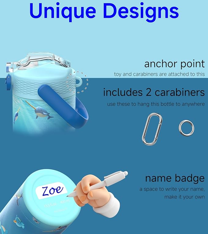 MYFOREST 14oz/400ml Insulated Kids Water Bottle, Odor-Free Surgical Grade Liner, Dishwasher-Safe, Name Spot, Soft Sipper, Gift for Thalassophile (Ocean. Narwhals)