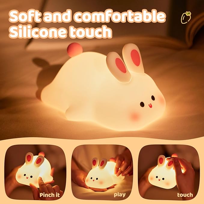 Rytinazzz Big Face Rabbit Night Light, 3-Level Pat Control & Cute Squishy Lamp for Kids Room, USB Rechargeable with Timer, Mothers Day Gifts