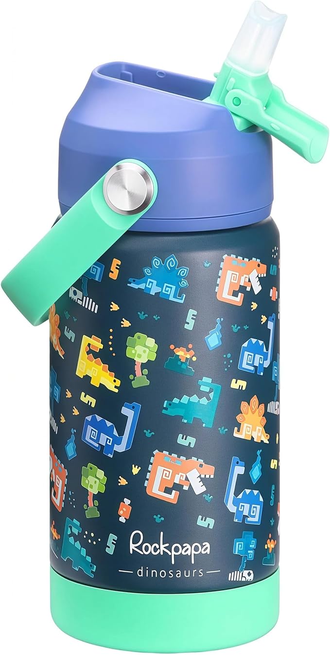 rockpapa 14 oz Kids Insulated Water Bottle，Stainless Steel Toddler Cups with Straws, BPA Free, Leak-Proof, Kids Water Bottle for School Boys& Girls (Blue Dinosaur)