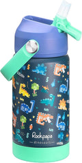 rockpapa 14 oz Kids Insulated Water Bottle，Stainless Steel Toddler Cups with Straws, BPA Free, Leak-Proof, Kids Water Bottle for School Boys& Girls (Blue Dinosaur)