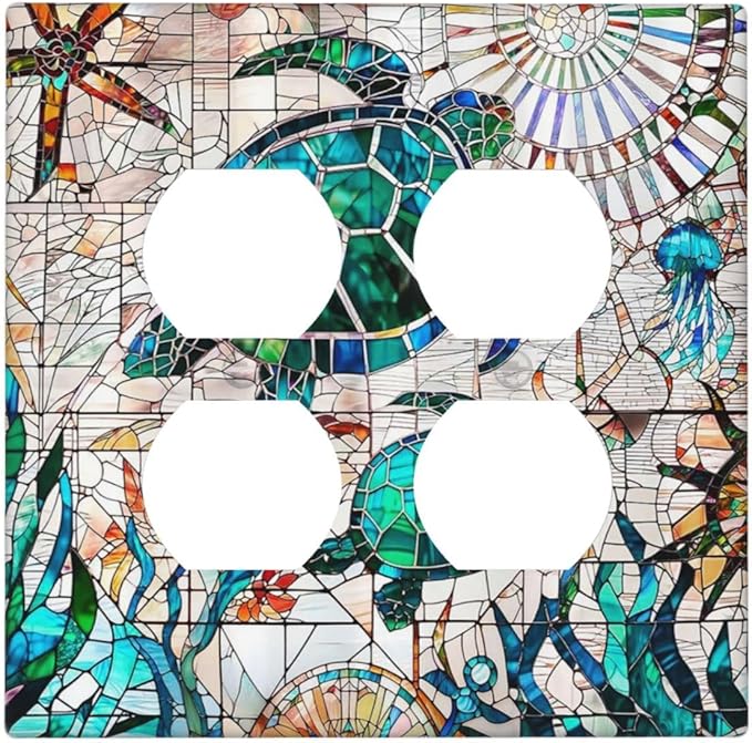 Summer Nautical Mosaic Turtles 2-Gang Device Duplex Wall Plate, Beach Tropical Ocean Wild Life Marine Compass Decorative Two Gang Double Duplex Receptacle Socket Outlet and Light Switch Cover Plate