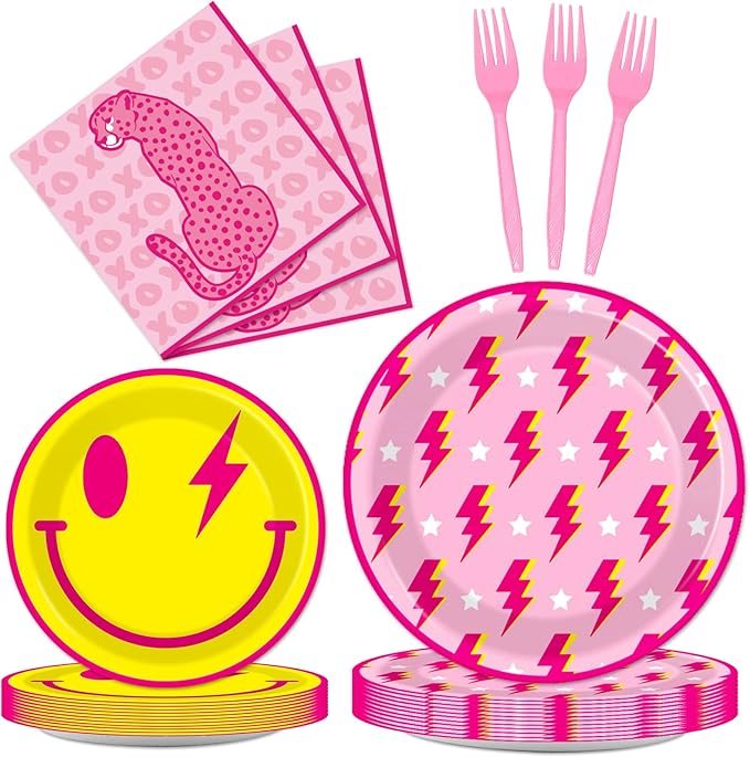 100 Pcs Preppy Party Plates Napkins Forks Supplies Set Disposable Tableware Paper Plates Dinnerware Y2K Girl Bachelorette Party Decoration Favors Serves 25
