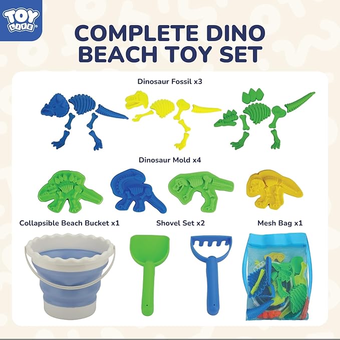 TOY Life 30 Pcs Dinosaur Fossil Beach Toys for Kids Ages 4-8 Collapsible Sand Toys with Dinosaur Toys Silicone Bucket Shovels & Dino Digging Building Kit Molds, Sandbox Toy for Summer, Travel