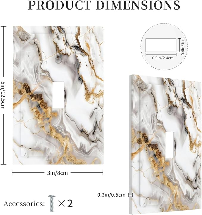 Luxurious Marble Abstract White Gold Tile Modern Simplicity Decorative Light Switch Cover 1 Gang Single Toggle Device Electrical Faceplate Switchplates Decorator Outlet Wall Plate for Bathroom Kitchen