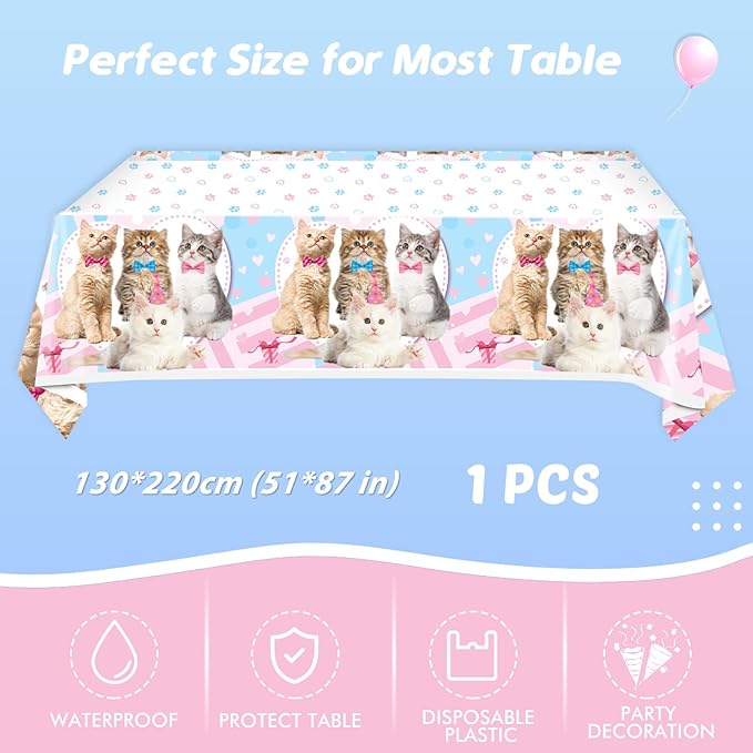 41Pcs Cat Party Supplies - Kitten Birthday Party Table Decorations Include 20 Paper Plates, 20 Napkins and 1 Tablecloth
