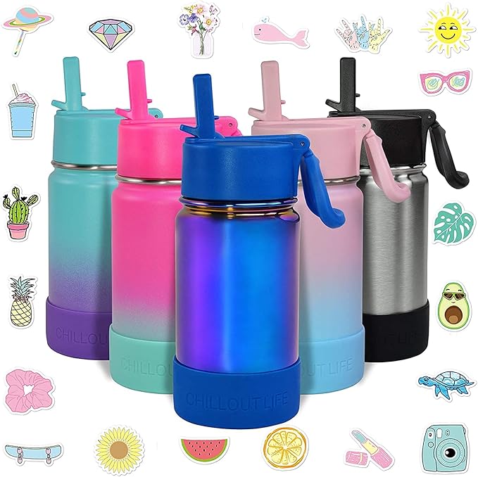 CHILLOUT LIFE 12 oz Kids Insulated Water Bottle for School with Straw Lid Leakproof and Cute Waterproof Stickers, Personalized Stainless Steel Thermos Flask Metal Water Bottle, Dishwasher Safe Color