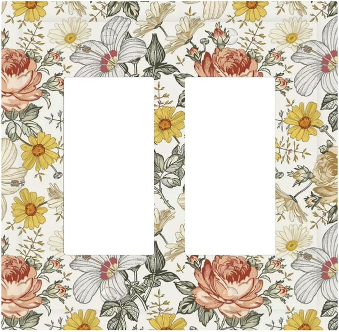 Multicolor Peony Daisy Vintage Floral Flower Decorative Outlet Covers 2 Gang Double GFCI Rocker Electrical Wall Panels Light Switch Cover Plate for Bedroom Living Room Decor