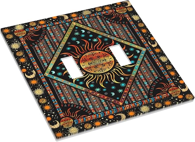 Light Switch Cover Boho Burning Sun Hippie Retro Bohemian Gypsy 2 Gang Wall Plate Double Light Switch Plate Toggle Decorative Outlet Covers Electrical Switchplate for Bathroom Home Decor