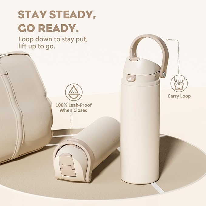 POWCAN 24 oz Insulated Water Bottle: 2-in-1 Push-Button Spout & Quick-Flip Straw, Leakproof, Cold 24Hrs, Fits Car Cup Holder, Stainless Steel Water Bottle for Sports, Travel, School, Gift (Oat Mousse)