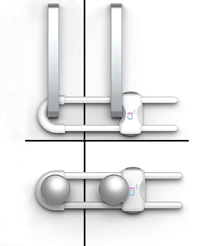 QT Baby - 20 Pack - Baby Proofing Cabinet Locks Adjustable U Shaped Baby Safety Latches for Drawers, Fridge, Closet Modern Baby Proofing Cabinet Lock with Extra Secure Lock Buttons (White)