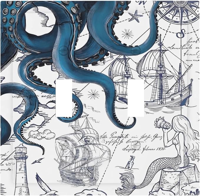 Nautical Vintage Map Octopus Mermaid Lighthouse Boat Decorative Switch Plates 2 Gang Double Toggle Outlet Light Switch Cover Wall Plate Electrical Faceplate for Bathroom Kids Room Decor