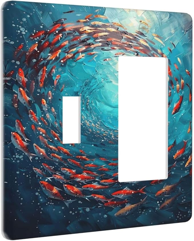 Ocean Fish School Of Fish Vortex Deep Sea Outlet Covers 1 Toggle 1 Rocker Combination Decorative Wall Plate Electrical Switch Plates Light Switch Cover Plate for Kids Room Bedroom Decor