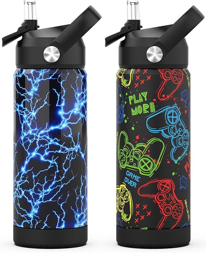 Boys Water Bottle with Straw,18 oz Kids Insulated Cups with Stainless Steel Leak Proof for School,Sport&Travel（2pack，Lightning+Game-Graffitig）