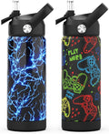 Boys Water Bottle with Straw,18 oz Kids Insulated Cups with Stainless Steel Leak Proof for School,Sport&Travel（2pack，Lightning+Game-Graffitig）