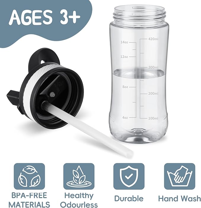 Water Bottle Kids 14oz Flip with Straw Carry Handle, Leakproof, Reusable, Tritan, BPA Free, Suitable for Boys and Girls, Clear