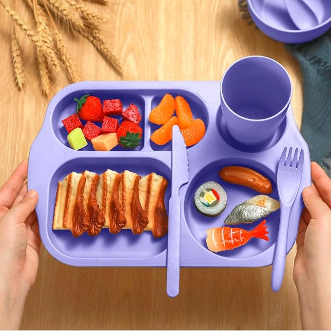 24 Pcs Wheat Straw Dinnerware Cutlery Set for Aldult Including Divided Plates Microwave Dishwasher Safe Bowl Unbreakable Tableware Straw Cutlery Spoon Knife Fork(Light Purple)