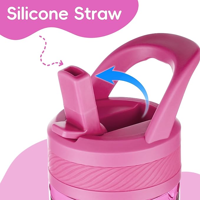 Kids Clear Water Bottle 14oz Flip with Straw Carry Handle, Leakproof, Reusable, Tritan, BPA Free, Suitable for Boys and Girls, Rose