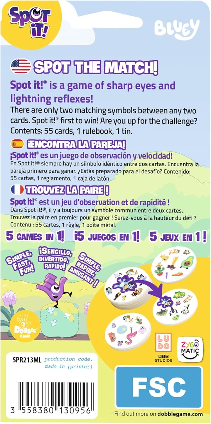 Asmodee Spot It! Bluey Card Game - Fast-Paced Matching Game Featuring Bluey & Friends, Fun for Family, Kids & Adults, Ages 4+, 2-8 Players, 15 Minute Playtime