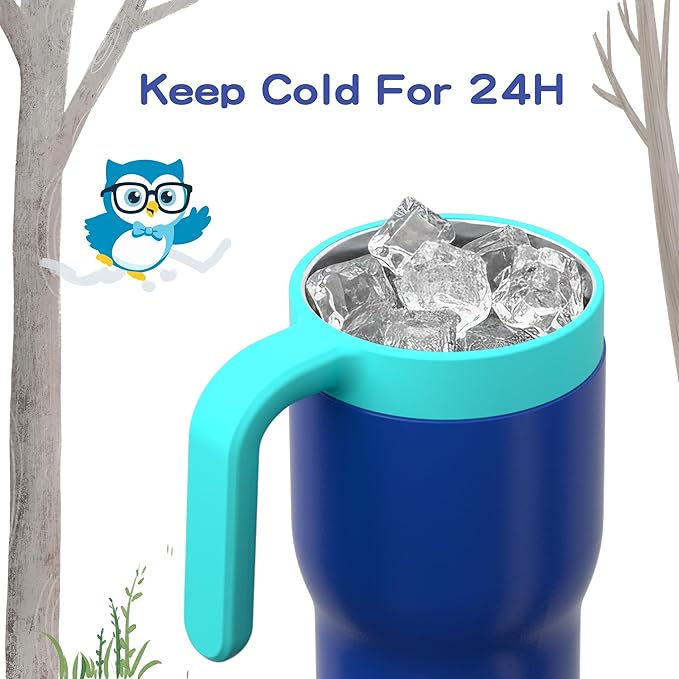 OISIZ 14oz Kids Tumbler with Straw Lid & Handle,Kids Cup with Animal Accessory for School,Kids Water Bottles with Dust-proof Cover,Leakproof Water Bottles,316 Stainless Steel,Keep Cold 24 Hours-blue