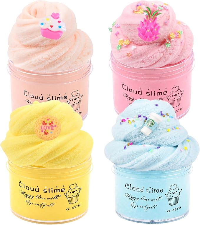 4 Pack Cloud Slime Kit, Soft and Non-Sticky Stress Relief Toy for Girls Boys Education, Party Gift and Birthday Gift, Kid Fun Toys