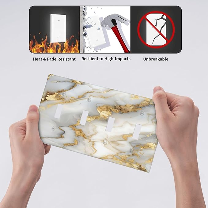 Luxurious White Gold Marble Patterns Abstract Light Switch Covers Quad Toggle Electrical Faceplate 4 Gang Wall Plate Decorative Switch Plates Cover for Bathroom Kitchen Decor
