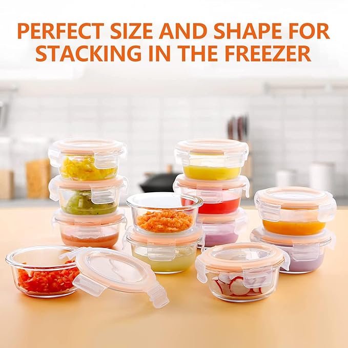 Luvan 7oz Glass Baby Food Containers, 12 Pack with Leakproof Lids, Stackable, Freezer Safe, Baby Bullet Containers for Fruit Purees and Vegetable Mashes