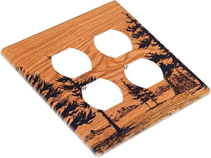 Pine Forest Natural Scenery Silhouette Wood Grain Outlet Covers 2 Gang Double Duplex Decorative Light Switch Covers Electrical Wallplates Socket Faceplate for Farmhouse Home Decor